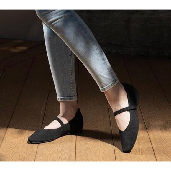 Cusolemore Sz 8.5 Square Toe Mary Jane Flats Black Knit Fabric Hidden Wedge - Picture 1 of 16